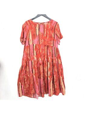 Women's Red Orange Tie Dye Tiered  Boho Swing Dress Women L /XL